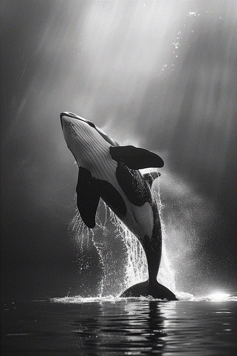 Artistic Image: Killer Whale Jumping from Water Marine Life Black And White, Black Animals Aesthetic, Black Animal Aesthetic, Orca Art Wallpaper, Killer Whale Aesthetic, Orca Photography, Whale Jumping Out Of Water, Orca Painting, Whale Photo