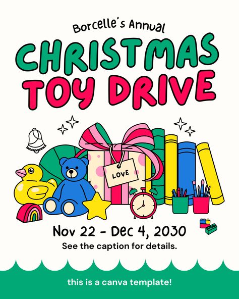 Colourful Illustrated Christmas Toy Drive Charity Instagram Post by Take Care Creative. Follow on Canva or get emails about new canva templates at takecarecreative.co / toys, charity, drive, donations, church, event, christmas, / Christmas Toy Drive Flyer, Christmas Toy Drive, Toy Donation, Christmas Charity, Toy Drive, Photo Collage Maker, Christmas Post, Collaborative Learning, Collage Background