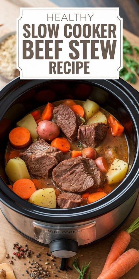 Savor the rich, savory flavors of this Healthy Slow Cooker Beef Stew! Packed with lean beef, vegetables, and herbs, it’s an easy, nutrient-packed meal that’s perfect for cozy dinners. Healthy Slow Cooker Stew, Low Sodium Beef Stew Crock Pot, Low Sodium Crock Pot Meals Healthy, Crockpot Stew Meat Recipes Simple, Heart Healthy Beef Stew, Stew Meat Recipes Crock Pot Healthy, Beef Stew Crock Pot Recipes Healthy, Healthy Crockpot Stew, Weight Watchers Beef Stew Crock Pot