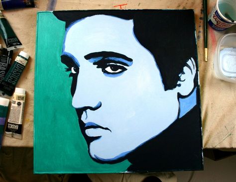 Elvis Canvas Painting, Elvis Presley Painting Easy, Elvis Painting Easy, Easy Pop Art Painting, Elvis Presley Paintings, Elvis Presley Pop Art, Elvis Painting, Vinyl Paintings, Tutorials Drawing