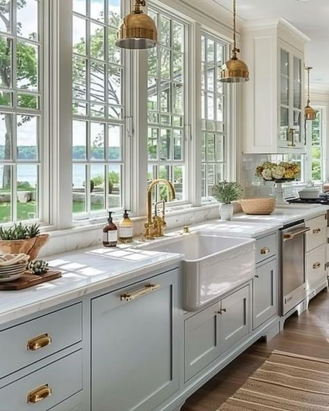 Colorful Coastal Kitchen, Windows In Kitchen Ideas, Bloxburg Styles, Waterfront Farmhouse, Grandmillenial Kitchen, Colonial Kitchen Ideas, Southern Living Kitchen, Nantucket Kitchen, Coastal Cottage Kitchen