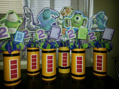 Centerprises I made for my sons 2nd birthday party=] Monsters University Centerpieces, Monsters Inc Party Centerpieces, Monsters Inc Birthday Party Centerpieces, Monsters Inc Birthday Centerpieces, Monsters Inc Centerpieces Diy, Monsters University Party Ideas, Monsters Inc Table Decorations, Monster Inc Centerpieces, Monsters Inc Birthday Party Ideas 2nd