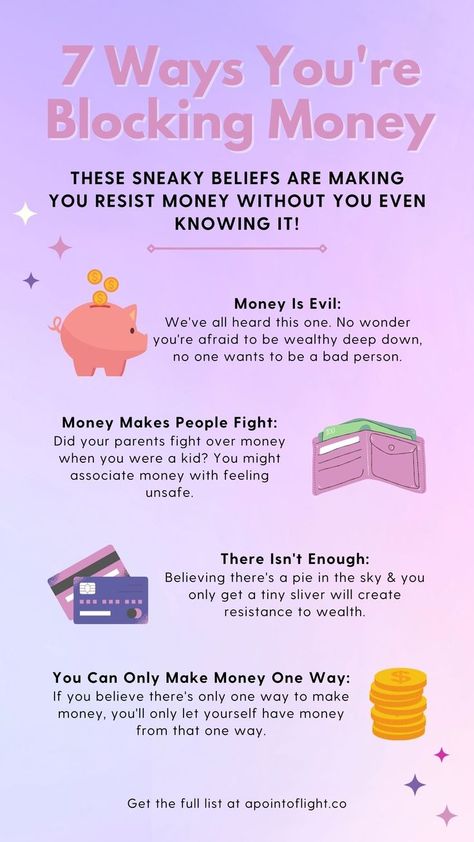 7 ways you're blocking money Release Money Blocks, Healing Money Blocks, Energetics Of Money, Removing Money Blocks, Money Block Affirmations, How To Attract Money, Surrender Affirmations, Money Blockage, Money Consciousness