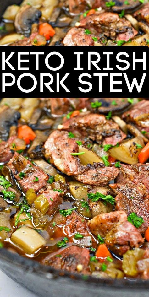 Keto Irish Pork Stew - Using turnips instead of potatoes, this hearty Irish pork stew is low-carb, zesty, and easy to make completely gluten-free. #keto #ketodiet #ketorecipes #ketostew #ketoirishporkstew #ketoporkstew #stew #stpatricksdayrecipes #irishstew #dinnerideas #food #recipes Low Carb Stew Recipes, Keto Soup And Stew Recipes, Keto Pork Roast, Stew Low Carb, Low Carb Entrees Dinners, Keto Recipes Using Stew Meat, Irish Pork Recipes, Gluten Free Pork Recipes, Keto Pork Stew Meat Recipes