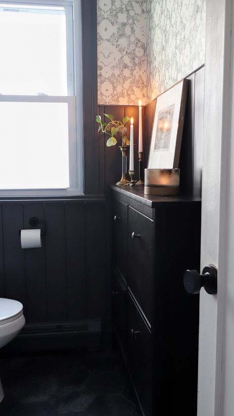 Vintage Inspired Powder Room, Powder Room Furniture, Black Floor Powder Room, Black Vanity Powder Room Ideas, Small Black Powder Room, Powder Bath Storage, Moody Small Powder Room, Moody Powder Room Modern, Charcoal Powder Room