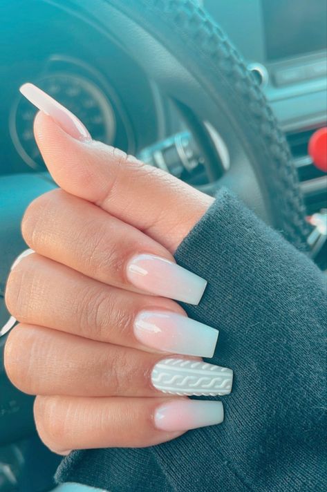 Sweater Tip Nails, Ombre Sweater Nails, Sweater Nail Designs Fall, French Ombre Nails Square, Plaid Sweater Nails, Sweater Nails Short, Nude Sweater Nails, Sweater Acrylic Nails, Sweater Design Nails