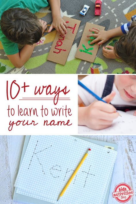 10 Ways to Practice Writing Your Name - these non-traditional ways to increase fine motor skills in kids are full of fun & play. Name Writing Practice, Preschool Names, Learn To Write, Preschool Fine Motor, Write Your Name, Name Activities, Confidence Kids, Preschool Writing, Preschool Literacy