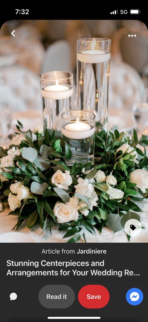 Tall Vase Centerpieces, White Flower Centerpieces, Floating Flower Candles, Floating Candle Vase, Table Floral Decorations, Round Wedding Tables, Floating Candle Centerpieces, Candle Wedding Centerpieces, Wedding Table Flowers