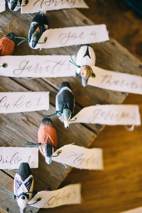 Duck Feather Bowtie Wedding Ideas, Duck Centerpieces Wedding, Duck Feathers Wedding, Mallard Duck Color Palette, Hunting Wedding Favors, Duck Hunting Party Favors, Hunting Lodge Wedding, Duck Theme Wedding, Duck Decoy Centerpiece