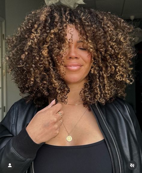 Afro With Blonde Highlights, Black Curly Hair Color Ideas, 4a Hair With Highlights, Black With Blonde Highlights Curly Hair, Highlighted Natural Hair Black Women, Mixed Girl Highlights, Black Curly Hair With Brown Highlights, Highlight On Curly Hair, Black Curly Hair With Highlights