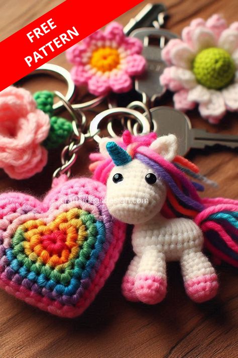 This Crochet Keychain Pattern features an adorable heart with a rainbow design and a cute unicorn Keyring Crochet Ideas, Amigurumi Keyring Free Pattern, Mini Crochet Unicorn, Unicorn Keychain, Crochet Unicorn Keychain, Crochet Key Rings Free Pattern, Crochet Rainbow Keychain, Crochet Keychain Pattern Free Key Rings, Free Crochet Keychain Patterns