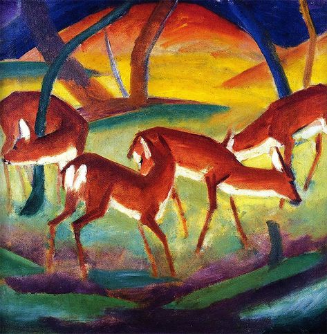 Red Deer I by Franz Marc Giclee Canvas Print | Franz Marc: A Master Class in German Expressionism | Art & Home #Art #Artists #FranzMarc #GermanPainters #Expressionism German Expressionism Art, Animal Paintings Acrylic, Blue Rider, Franz Marc, Art Movements, Paintings Acrylic, German Expressionism, German Art, Expressionism Art