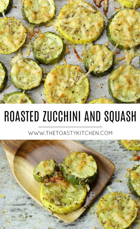 Roasted zucchini and squash is a quick and easy side dish that's ready for the oven in minutes. Sliced zucchini and squash are coated in Italian seasoning and parmesan cheese then roasted in the oven. Parmesan Roasted Zucchini, Roasted Zucchini Recipes, Roasted Zucchini And Squash, Squash Roasted, Zucchini And Squash, Roasting Vegetables, Roasted Zucchini, Roast Zucchini, Think Food