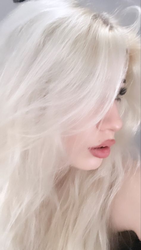 White Hair With Roots, White Hair White Eyebrows, Bright White Hair, White Hair Styling, Face Claims Female White Hair, Ghost Hair Color, White Hair Girl Aesthetic, Silver Hair Bangs, Girl With Platinum Blonde Hair