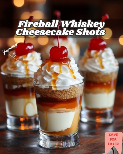 Fireball Cheesecake Shots, Fireball Whiskey Cheesecake Shots, Whiskey Cheesecake, Cheesecake Shots, Fireball Drinks, Cake Shots, Cinnamon Whiskey, Creamy Cocktails, Fireball Whiskey