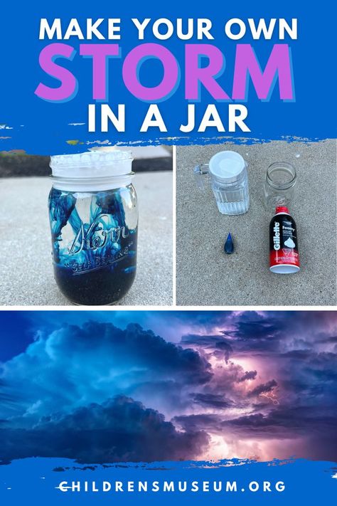 Photos: Blue food coloring floating down through water in a glass jar that is covered with a layer of shaving cream at the top. There's also a blue and purple storm cloud photo. Cloud In A Jar Experiment, Storm In A Jar, Experiment For Preschoolers, Homeschool Science Lessons, Weather Experiments, Cloud In A Jar, Preschool Weather, Free Homeschool Resources, At Home Science Experiments