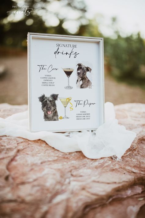 Two Pets + Two Drinks Dog Bar Sign, Pet Signature Drink Sign, Wedding Bar Sign d e s c r i p t i o n ⭐️This order is for a personalized digital file you will get by email. ⭐️No physical print will be sent to you. ⭐️You will receive digital files to print on your own. m a t c h i n g - i t e m s https://etsy.me/33cWRTR h o w - i t - w o r k s Please add the following details in the personalization line - - Image drink number - Drink name - You pet's name - Ingredients (optional)  - Any other text Wedding Cocktail Signature Drink, Dog Drinks Wedding, Dog Cocktail Wedding, Wedding Drink Names, Signature Drinks Dogs Wedding, Dog Bar Menu Wedding, Dog Specialty Drink Wedding, Dog Drink Menu Wedding, Wedding Food Truck Ideas