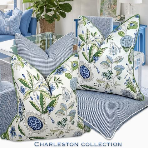 Coastal Interiors Living Room, Navy And Blue Bedroom, Charleston Home Decor, Coastal Pillow Covers, Blue And Green Living Room, Beach Theme Pillows, Blue And White Pillows, Blue Pillows Decorative, Leaves Pillow