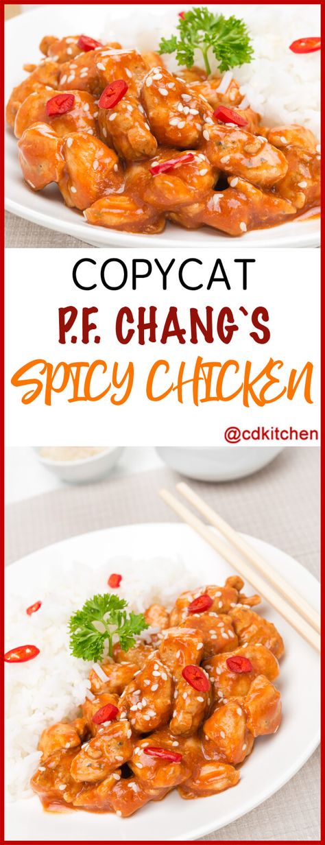 Copycat P.F. Chang's Spicy Chicken - This popular dish from P.F. Chang's is made with stir-fried chicken that is tossed with a spicy sauce and served over rice or noodles. The sauce recipe and cooking method can also be used with shrimp. - Made with chicken breast, potato starch, canola oil, oil, garlic, green onions, chili paste, white sauce, Chang's Sauce, sesame oil, cornstarch | CDKitchen.com Chang’s Spicy Chicken, Changs Spicy Chicken Sauce, Pf Changs Spicy Chicken Recipe, Changs Spicy Chicken, Spicy Orange Chicken, Spicy Chicken Recipes, Orange Chicken Recipe, Turkey Dishes, Sauce For Chicken