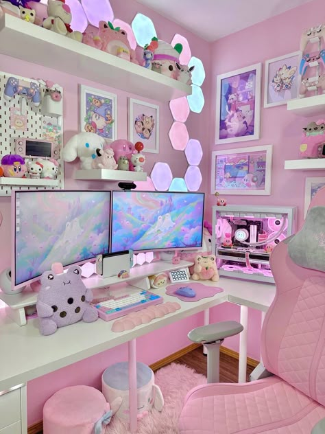 cute setup ideas, pink gaming desk Games Room Inspiration, Gaming Desk Setup, Kawaii Bedroom, Cozy Desk, Pink Games, Otaku Room, Gamer Room Decor, Video Game Room Design, Video Game Rooms