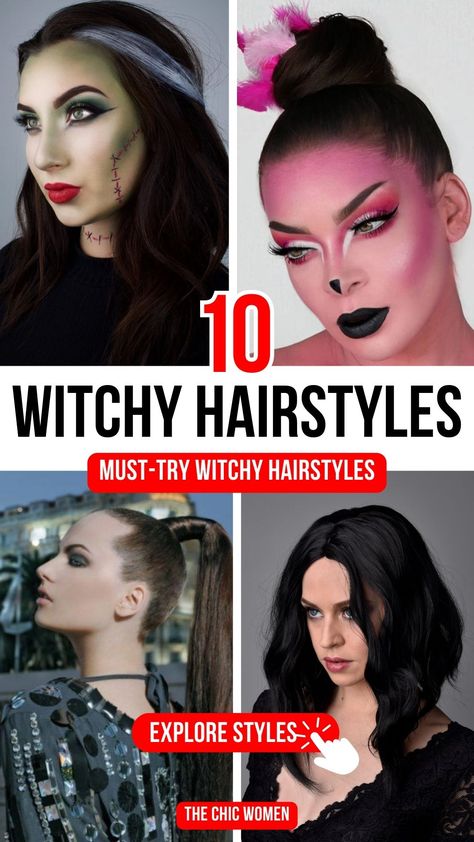 Easy Witch Hairstyles for Halloween Parties Witch Updo Hairstyle, Witch Halloween Hairstyles, Witchy Hairstyles Curly, Witches Hairstyles, Witch Hair Styles, Witch Hairstyles Halloween, Hairstyles For Halloween, Witchy Hairstyles, Witch Hairstyles