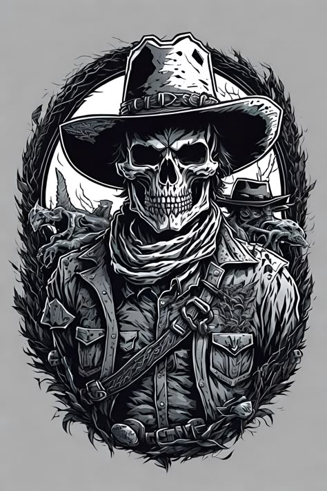 Western Skeleton Drawing, Skeleton Cowboy Drawing, Cowboy Art Drawing, Gunslinger Tattoo, Cowboy Skull Tattoo, Skeleton Tattoo Ideas, Pirate Skull Tattoos, Norse Mythology Tattoo, Cowboy Tattoos