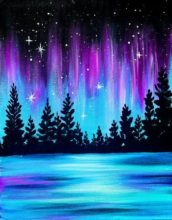 Winter Paint And Sip Ideas, Simple Winter Painting, Paint And Sip Ideas Step By Step, Ruby Painting, Paint And Sip Ideas, Learn Acrylic Painting, Kids Canvas Painting, Northern Lights Painting, Acrylic Art Projects