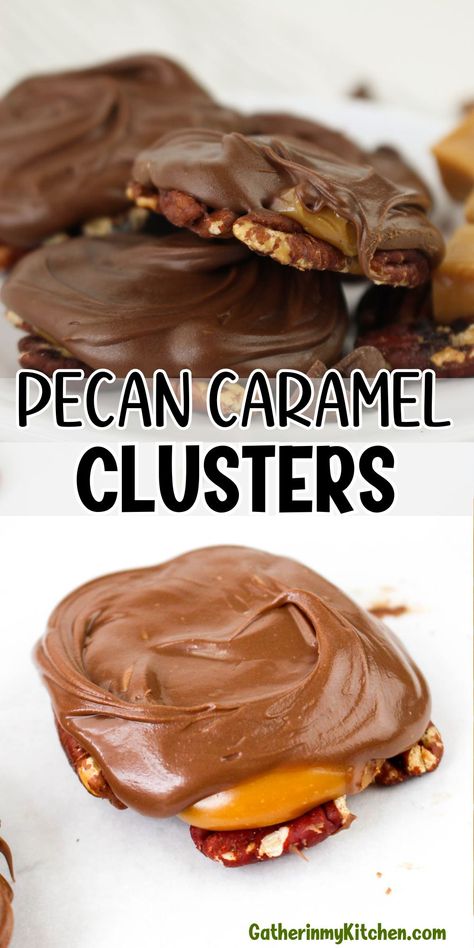 These homemade pecan caramel clusters are the perfect Christmas dessert to make in December. Perfect for cookie exchanges, gift for family or friends or just for snacking. Chocolate Caramel Pecan Clusters Slow Cooker, Chocolate Pecan Carmel Clusters, Chocolate Dipped Caramels, Wrapped Caramel Recipes, Easy Things To Make With Pecans, Carmel Chocolate Pecan Clusters, Chocolate Pecan Caramels, Recipe With Caramel Bits, Pecan Carmel Clusters