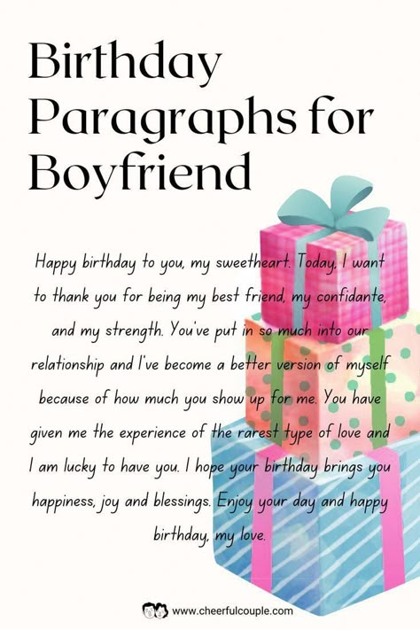 These love paragraphs for him are perfect as text messages, post-its, or love notes for your prince charming. Birthday Paragraph For Boyfriend, Birthday Notes For Boyfriend, Birthday Letters To Boyfriend, Boyfriend Happy Birthday, Happy Birthday Paragraph, Notes For Boyfriend, Paragraph For Boyfriend, Letter For Boyfriend, Messages For Your Boyfriend