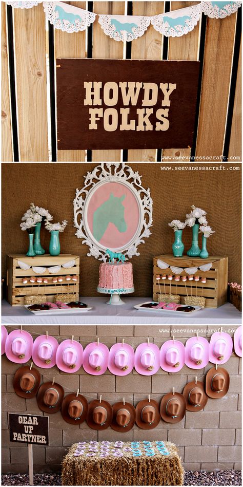 Pink and Aqua Cowgirl Themed Birthday Party! on http://pizzazzerie.com Cowgirl Party Activities, Horse Party Ideas For Girls Diy, Horse Garland, Cowgirl Themed Birthday Party, Rodeo Birthday Parties, Linda Jones, Sheriff Callie, Party Display, Horse Birthday Parties