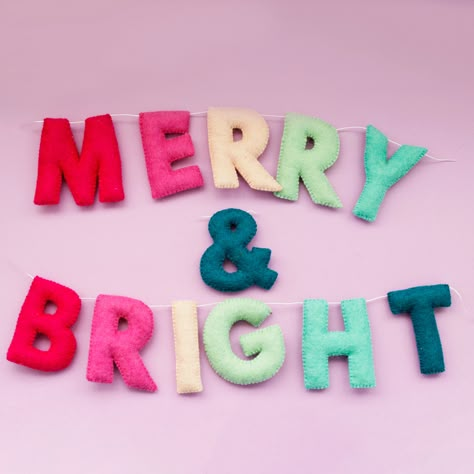 Merry & Bright Letter Garland Christmas Christmas Gifts - Etsy Felt Christmas Bulb Garland, Bright Colour Christmas Decor, Bright Christmas Garland, Merry Christmas Felt Garland, Merry And Bright Garland, Felt Letter Banner, Felt Christmas Tree Garland, Bright Colored Christmas Decor, Diy Felt Christmas Garland