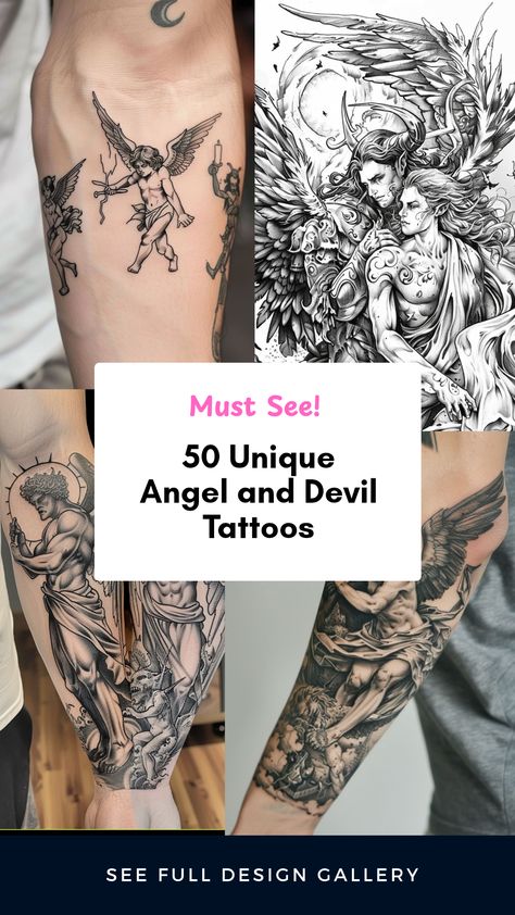 Explore 50 unique angel and devil tattoo ideas with this pin, featuring 4 captivating images. Find your ideal design that combines light and dark styles for inspiring body art. American Traditional Angel Tattoo, Supernatural Inspired Tattoos, Tiny Angel Tattoo, Devil Tattoo Ideas, Angel And Devil Tattoo, Angel Demon Tattoo, Angels And Devils, Powerful Symbols, Devil Tattoo