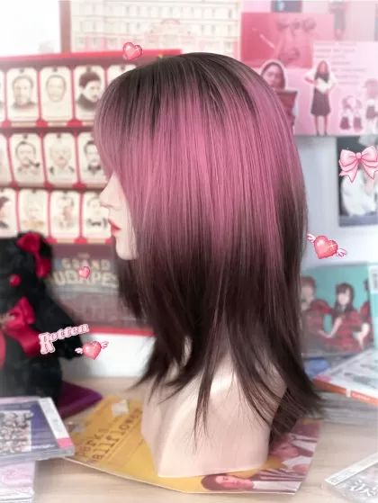 Pink and Black Ombre Synthetic Wig with Bangs Purple Hair With Pink Bangs, Ombre Hair With Bangs, Ombre Bangs, Black And Pink Hair, Modern Short Hair, Bangs Inspiration, Dusty Pink Hair, Hair Color Swatches, Black Hair Ombre