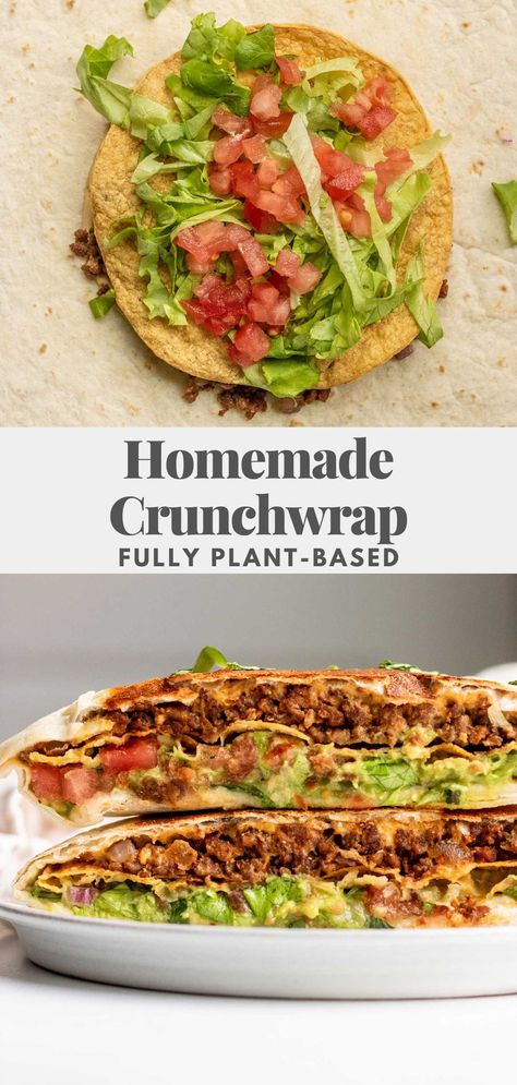 These homemade crunchwraps are full of flavor, crunch and cheesy goodness. The best part, it is all plant-based and delicious! Homemade Crunchwrap, Healthy Vegan Dinner Recipes, Healthy Vegan Dinner, Plant Based Diet Recipes, Vegan Lunch Recipes, Vegan Lunches, Vegan Eats, Vegan Dinner, Vegan Lunch