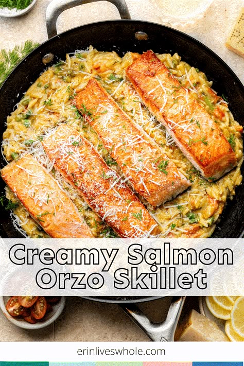 Switch up your standard salmon routine and try out this delicious Creamy Salmon Orzo Skillet! Between the veggies, parmesan cheese, and lemon, it's overflowing with savory flavors. Creamy Salmon And Rice, Orzo Fish Recipes, Salmon Orzo Asparagus, Lemon Salmon Orzo Skillet, Salmon With Boursin Cheese, Orzo Recipes With Salmon, Baked Salmon With Orzo, Salmon And Risotto Recipe, Creamy Salmon Orzo