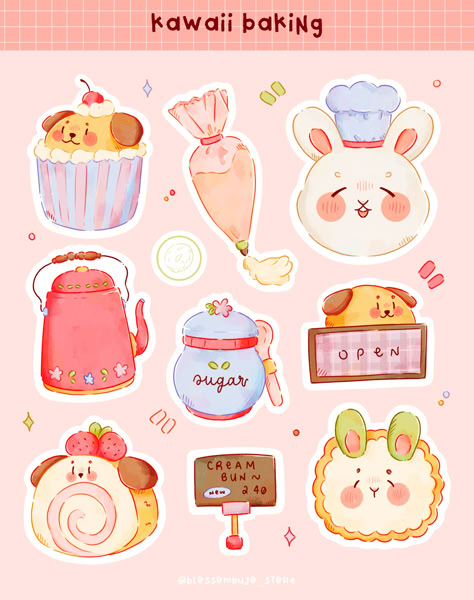 Cute Bakery Stickers, Food Stickers Printable, Kawaii Baking, Baking Stickers, Sticker Page, 동화 삽화, Journal Things, Sticker Design Inspiration, Sticker Inspo