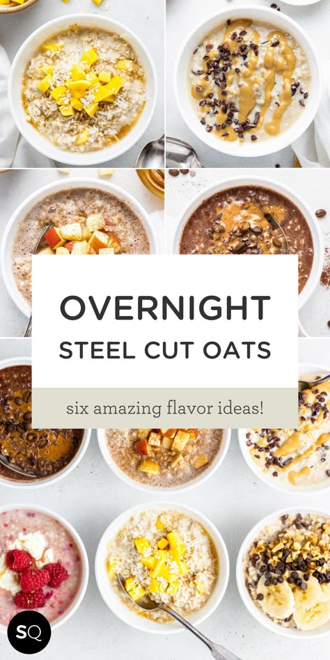 Learn how to make overnight steel cut oats a ton of different ways. We've got the basic recipe for overnight steel cut oats and are then showing you six amazing flavor ideas! We've got peanut butter, apple, mango, mocha, chocolate chip, and vanilla raspberry. Overnight Steel Cut Oats | Vegan & Gluten-Free Breakfast Idea | Simply Quinoa Steel Cut Overnight Oats Crockpot, Best Steel Cut Oats Recipe, Steal Cut Oats Overnight, Steel Oatmeal Recipes, Steal Cut Oats Recipes Overnight Oatmeal, Vegan Steel Cut Oats Recipes, Steel Cut Overnight Oats Recipe, Overnight Oats Lunch, Quick Steel Cut Oats Recipes