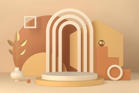 Boho interior minimal scene with podium ... | Premium Vector #Freepik #vector #cosmetic-podium #product-display #product-stand #product-platform Bohemian Backdrop, 3d Vector Illustration, Event Booth Design, Interior Minimal, Stairs Design Interior, Kids Cafe, Furniture Design Sketches, Event Booth, 3d Vector