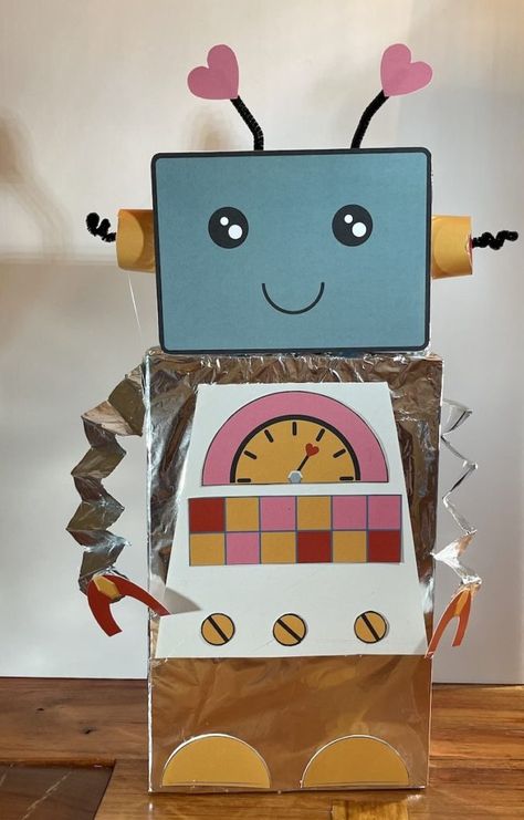 Kindergarten Robot Project, How To Make A Robot Out Of Boxes, Robot Box Craft, 3d Robot Project, 3d Shape Robot Project, Robot Valentine Cards, Craft For Valentines Day, Robot Template, Shape Robot