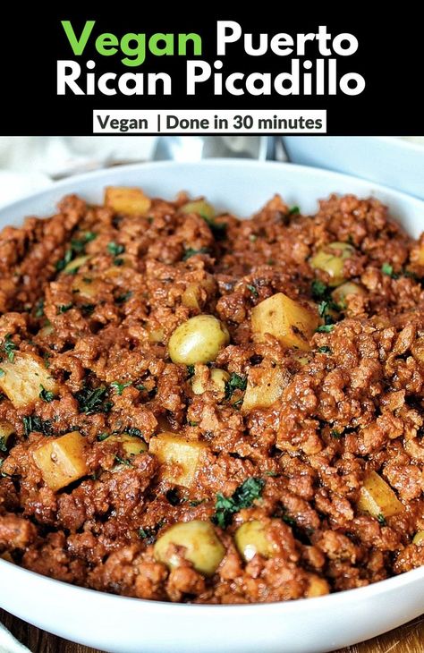 Bring BIG flavor to your dinner table with Vegan Puerto Rican Picadillo, or vegan spiced “ground beef.” Made with vegan ground “beef” spices, potatoes, tomato sauce, and Spanish green olives. #easymeals #groundbeefrecipes #vegan #meatless Vegan Picadillo Recipe, Plant Based Beef Recipes, Vegan Spanish Food, Vegan Ground Meat Recipes, Vegetarian Puerto Rican Food, Vegan Latin Recipes, Plant Based Ground Beef Recipes, Vegan Puerto Rican Recipes, Vegan Caribbean Food