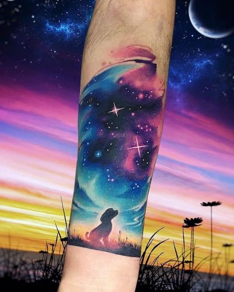 dog-looking-up-to-the-galaxy-space-tattoo-sleeve-forearm-tattoo-blue-purple-pink-watercolor-tattoo Galaxy Filler Tattoo Ideas, Galaxy Tattoo Filler, Galaxy Chest Tattoo Female, Space Tattoo Color, Space Inspired Tattoos, Cosmic Tattoo Galaxies, Cosmic Tattoo Ideas, Night Sky Tattoos, Space Sleeve