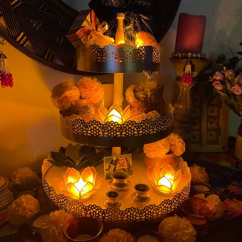 Give a festive makeover to your tiered trays Diwali Decor Ideas, Diwali Decoration Ideas, Gold Tray, Diwali Decor, Diwali Decoration, Tiered Trays, Diwali Decorations, Living Dining, Dining Space