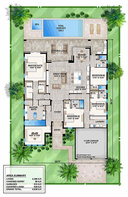 House Plan 52951 - Florida Style with 3289 Sq Ft, 4 Bed, 4 Bath Covered Lanai, Florida House Plans, Sims Houses, Coastal House, House Plans One Story, Luxury Floor, Houses Plans, 4 Bedroom House Plans, Internal Courtyard