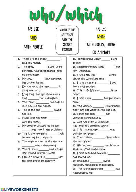 Relative pronouns online activity for Elementary. You can do the exercises online or download the worksheet as pdf. Relative Pronouns Worksheet, Simple Past Tense Worksheet, Pronoun Activities, Relative Clauses, English Grammar Exercises, Relative Pronouns, English Grammar For Kids, Grammar For Kids, English Teaching Resources