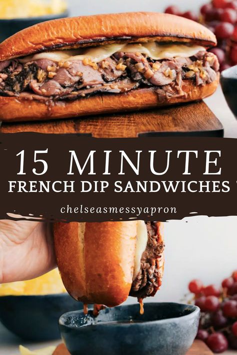 Easy French Dip Sandwiches are one of my go-to weeknight meals! Deli roast beef on toasty buttered buns with melty cheese — does it get any better than this?! #dinner #best #quick #easy #simple #frenchdip #sandwiches Deli Meat French Dip Sandwich, Easy Beef Dip Sandwiches, Roast Beef Dip Sandwiches, Quick French Dip Sandwich, Baquette Bread Sandwich, Recipes With Deli Roast Beef, Roast Beef On A Bun, Easy French Dip Sandwiches Deli Meat, Prime Rib Sandwich French Dip