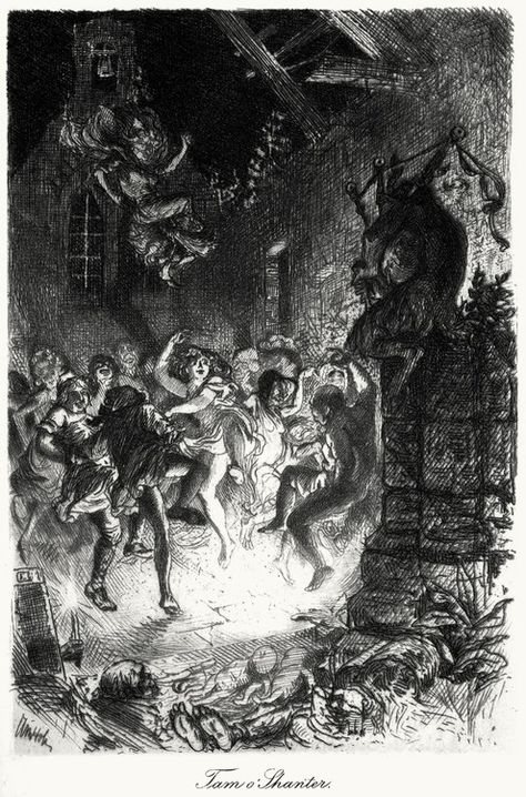 Tam O’Shanter.  William Brassey Hole, from The poetry of Robert Burns vol I, Edinburgh, 1897. Burn's Night, Tam O Shanter, Horror Illustration, Mythical Art, Satanic Clothing, Jean Valjean, The Master And Margarita, Illustration Journal, Tam O' Shanter