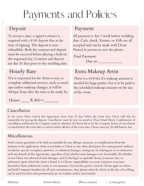 Editable Bridal Makeup Contract Template - Etsy Canada Wedding Makeup Contract, Bridal Business Ideas, Makeup Artist Policy, Bridal Contract Template, Makeup Contract Template, Bridal Hair Contract, Bridal Hair Contract Template, Bridal Makeup Artist Business, Bridal Makeup Contract