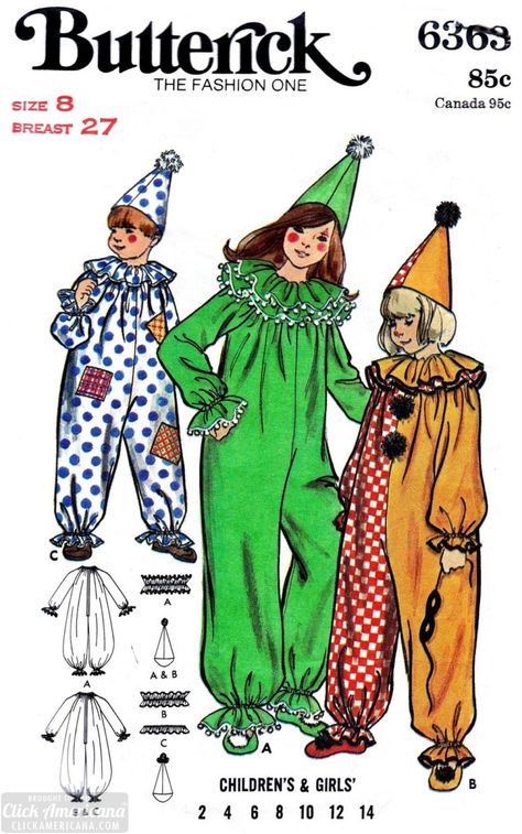 Stitch or treat: Some vintage Halloween costume patterns that you could sew back in the seventies - #halloween #vintagehalloween #retrohalloween #halloweencostumes #halloweencostume #vintagecostume #superman #batman #retro #vintage #happyhalloween #sewing #sewingpatterns #vintagesewing #butterick #mccalls #70s #seventies #clickamericana Girl Clown Costume, Halloween Costume Patterns, Ear Reflexology, Clown Suit, Pierrot Clown, Clown Clothes, Vintage Halloween Costume, Childrens Sewing Patterns, Costume Sewing Patterns