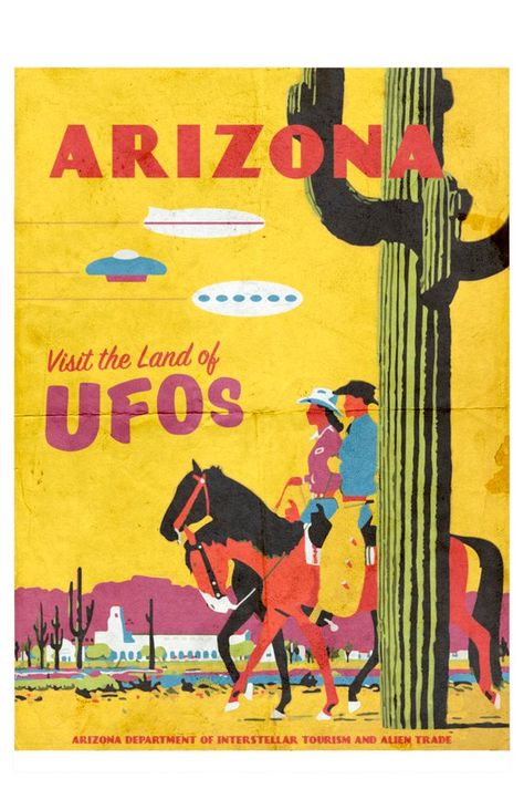 Arizona, UFOs, Arizona Art, Travel Poster, Vintage, Saguaro, Cactus, Flying Saucer, Martian, UFO, Al Vintage Arizona Aesthetic, Alien Saucer, Arizona Illustration, Roswell Incident, Arkansas Vacations, Arizona History, Arizona Art, Vintage Arizona, Retro Robot