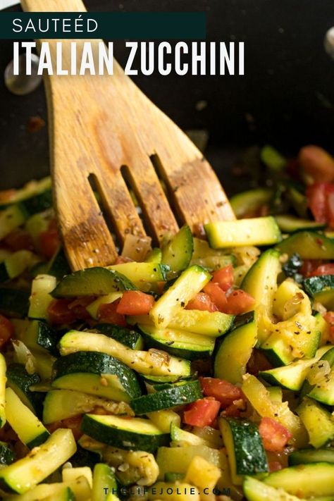 Sautéed Zucchini and Tomatoes in a sauté pan with a wooden spoon in it. Zucchini Recipes Italian Style, Italian Zucchini, Zucchini Tomato Sauce Recipes, Italian Zucchini Side Dish, Zucchini With Tomato Sauce, Italian Sauteed Vegetables, Italian Style Zucchini, Italian Zucchini Recipes, Italian Veggies Sides